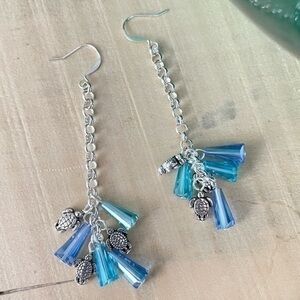 2/$29 Light Blue Swarovski Crystal Mini Metal Turtle Dangle Earrings 3” Women’s